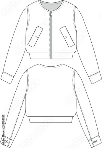 with pockets round neck zippered long sleeve slouchy loose jacket sweatshirt cardigan template technical drawing flat sketch cad mockup fashion woman design style model 
