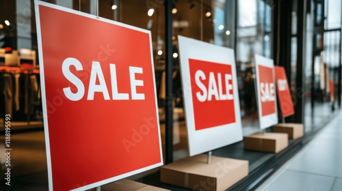 Clearance sale signs displayed prominently in store windows, attracting shoppers with enticing discounts and promotions, reflecting the excitement and urgency of retail bargains.