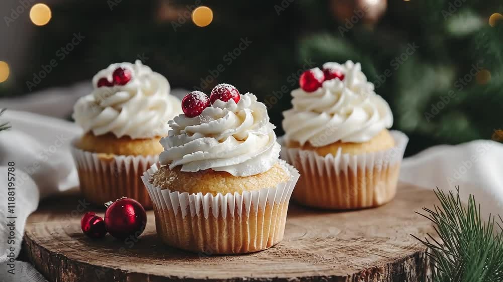 Delicious holiday cupcakes with whipped cream and festive decorations on a wooden platter Delicious holiday cupcakes with whipped cream and festive decorations on a wooden platter
