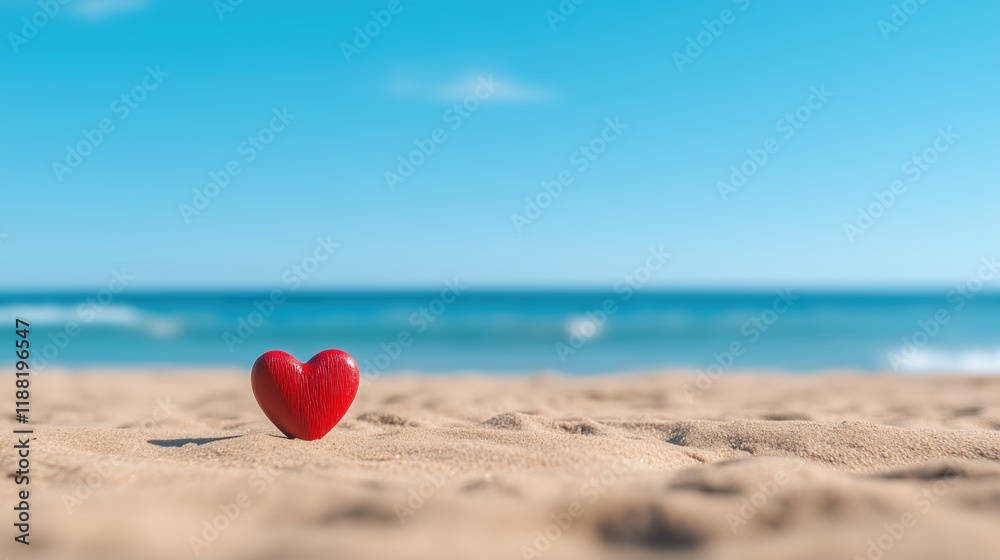 Fototapeta premium Beach backdrop with a vibrant red heart in the center providing ample copy space for text or images