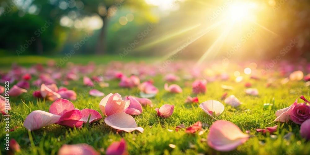 Softly fallen pink rose petals scattered on a green grassy field, with sunlight filtering through the leaves and creating a warm atmosphere , serene, garden Softly fallen pink rose petals scattered on a green grassy field, with sunlight filtering through the leaves and creating a warm atmosphere , serene, garden