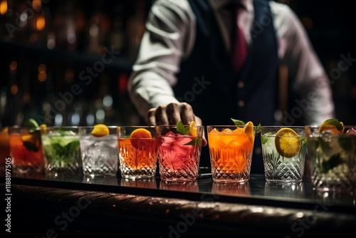 A stylish bartender serving an array of colorful cocktail drinks in elegant glassware at a dimly lit bar.