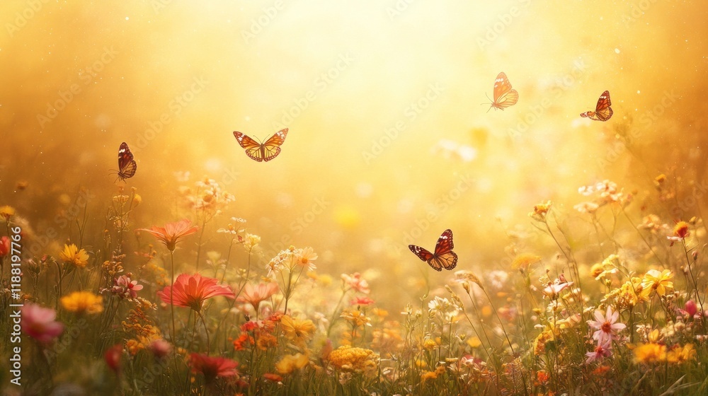 Golden Sunlight Illuminates Butterflies Over Wildflowers Golden Sunlight Illuminates Butterflies Over Wildflowers