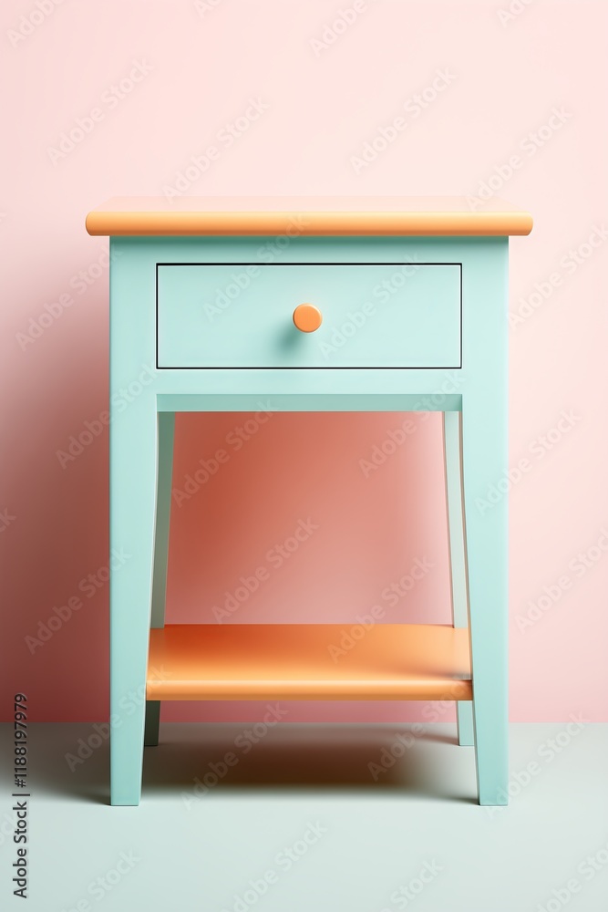A stylish turquoise nightstand with an orange top, set against a pastel pink background, perfect for modern interiors. A stylish turquoise nightstand with an orange top, set against a pastel pink background, perfect for modern interiors.
