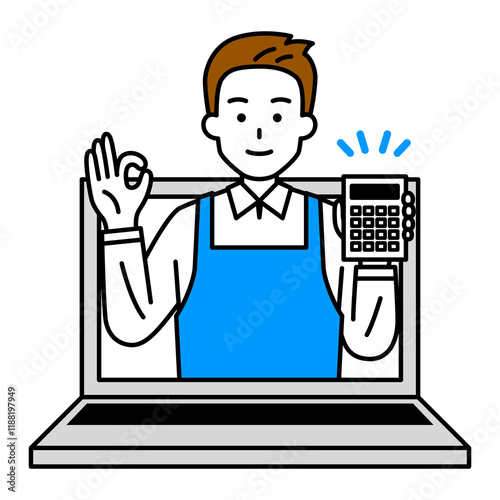 オンラインで見積りをするエプロン姿の男性