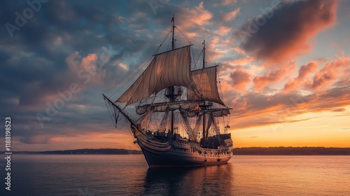 A majestic galleon, its sails unfurled, stands serenely in the harbor as the first rays of dawn illuminate the sky, casting a warm glow upon the ancient vessel.