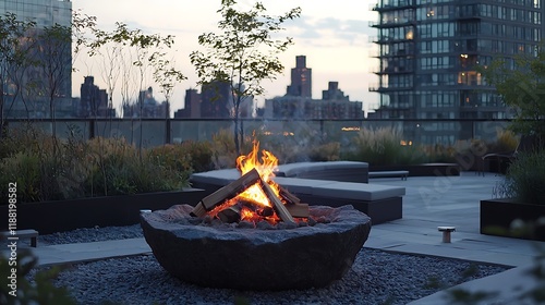 Rooftop Fire Pit Cityscape Evening Ambiance photo