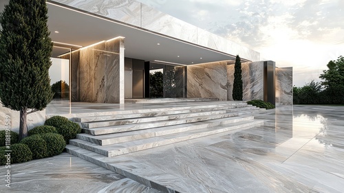 Large marble steps and a clean-lined driveway in a grand entryway.