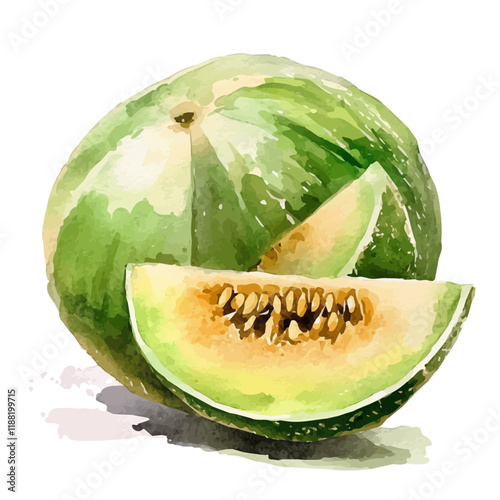 A watercolor vector painting of a honeydew, isolated on a white background. Honeydew vector.

