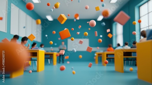 Colorful geometric shapes floating above a classroom scene