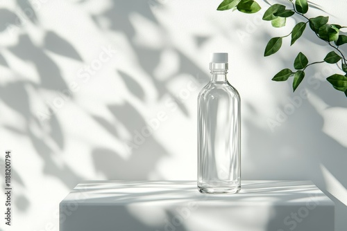 Clear glass bottle on white surface with leaf shadows.