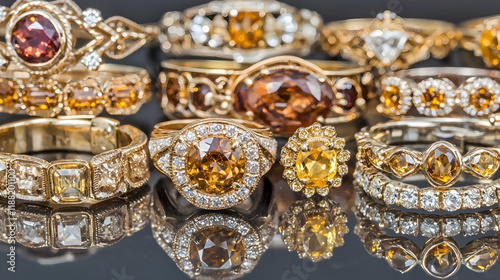 Golden gemstone rings collection reflected on dark surface, jewelry advertising