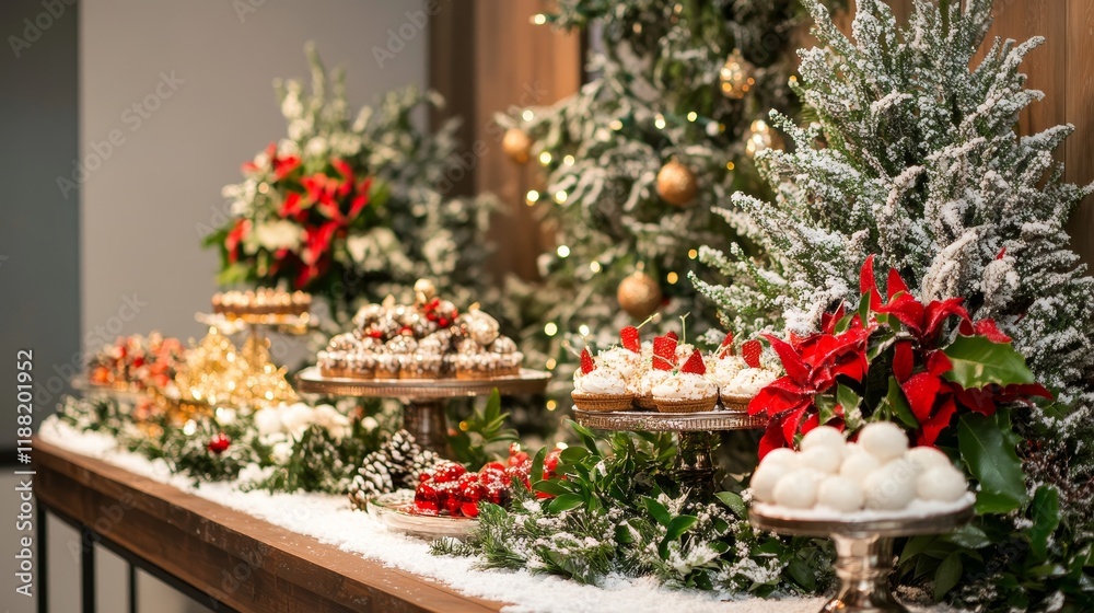 Fototapeta premium Winter wonderland podium adorned with snow-kissed firs, ready to showcase holiday cheer and festive treats.