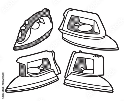 black and white drawing, line art, four electric irons