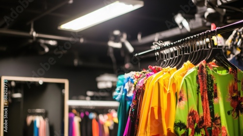 Backstage dressing room filled with colorful costumes and props, symbolizing creativity, preparation, and the magic of transformation in performing arts.
