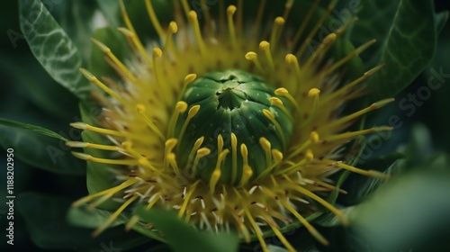 Close-up of a Leucospermum flower, vibrant yellow and green hues, intricate details, botanical photography photo