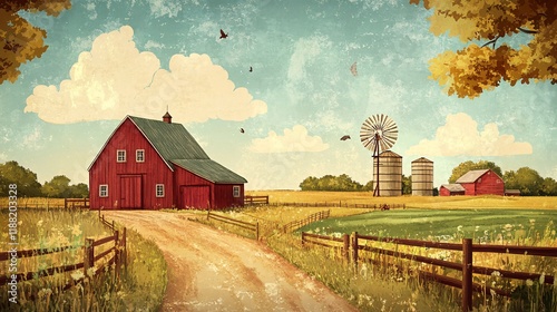 A picturesque rural scene featuring a red barn, silos, and a windmill under a blue sky with fluffy clouds.