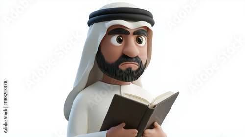 Transparent 3D Emoji of an Arabian Man, Dressed in Traditional Attire, Displaying a Serious Face While Reading a Book..