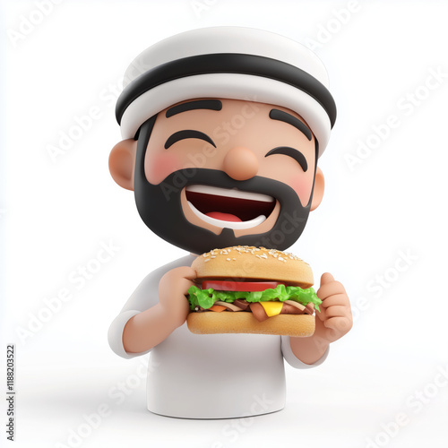 Transparent 3D Emoji of an Arabian Man, Enjoying a Sandwich with a Big Smile and Satisfied Look..