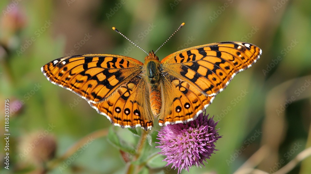 A vibrant orange butterfly with intricate patterns perched on a purple flower. A vibrant orange butterfly with intricate patterns perched on a purple flower.