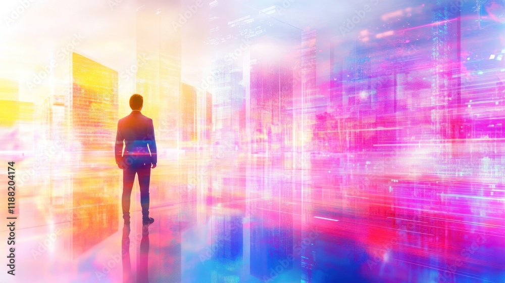 Silhouette of a Businessman Contemplating a Futuristic Cityscape Silhouette of a Businessman Contemplating a Futuristic Cityscape