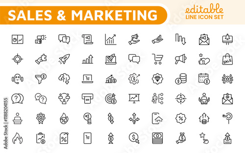 Sales and Marketing Icon Set. A dynamic collection of icons designed to enhance branding, promotions, and customer engagement, perfect for marketing materials and business applications.
