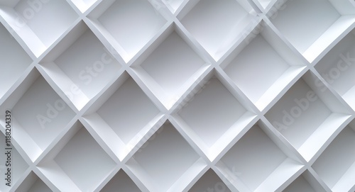 Elegant white geometric squares neatly arranged on a crisp white pattern background