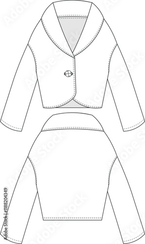 shawl collared buttloned drop shoulder long sleeve short cropped crop jacket coat template technical drawing flat sketch cad mockup fashion woman design style model 
