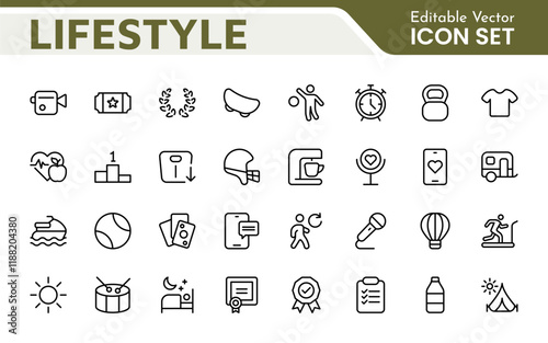 Lifestyle Icon Set. A chic and versatile collection of icons representing wellness, hobbies, daily living, lifestyle, and personal growth.