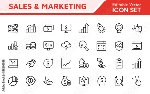 Sales and Marketing Icon Set. A dynamic collection of icons designed to enhance branding, promotions, and customer engagement, perfect for marketing materials and business applications.