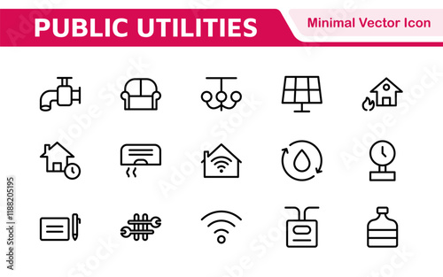  Public utilities linear signed icon collection. Signed thin line icons collection. Set of public utilities simple outline icons.
