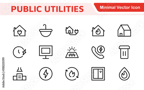  Public utilities linear signed icon collection. Signed thin line icons collection. Set of public utilities simple outline icons.