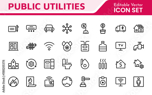  Public utilities linear signed icon collection. Signed thin line icons collection. Set of public utilities simple outline icons.