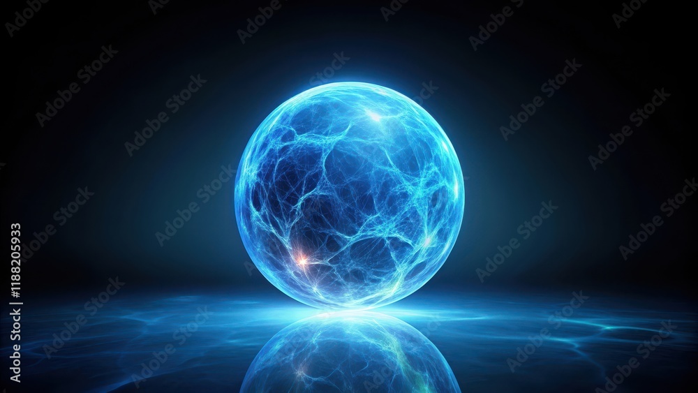 Fototapeta premium Glowing blue energy orb suspended in mid-air against a dark black background , vibrant, energy, vibrant, energy