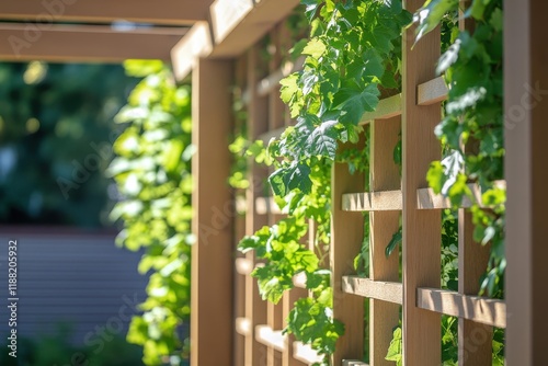 Green vines climb a wooden trellis in a sunlit garden during a warm afternoon in spring