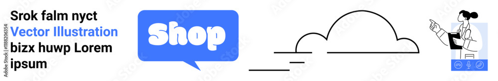 Cloud icon and speech bubble with Shop text next to female worker character. Ideal for online shopping, e-commerce, digital services, cloud storage, customer support. Banner for landing page Cloud icon and speech bubble with Shop text next to female worker character. Ideal for online shopping, e-commerce, digital services, cloud storage, customer support. Banner for landing page