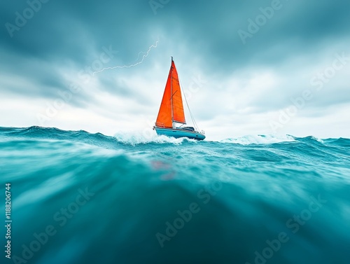 Solitary sailboat with red sail in stormy ocean against dramatic sky with lightning