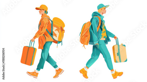 A colorful illustration of two travelers walking side by side, carrying luggage, wearing vibrant pastel clothing in contrasting hues of teal and orange photo