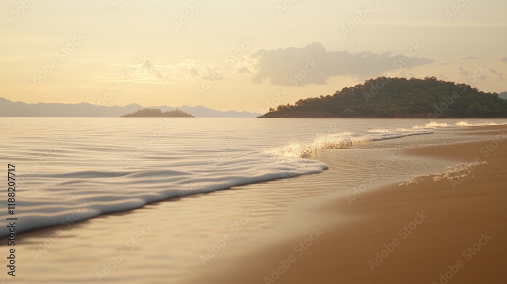 Obraz premium Serene Sunset on a Tropical Beach: Golden Hour Coastal Landscape