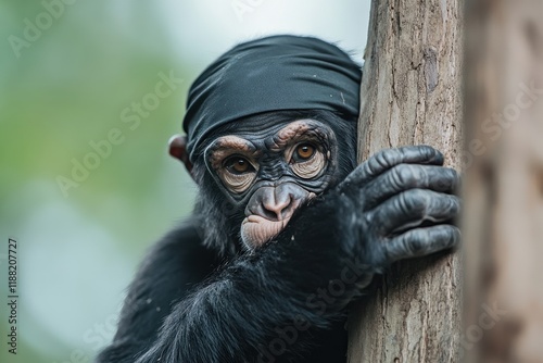 Clever monkey dressed as a ninja climbs tall tree showcasing impressive skills with a humorous twist photo