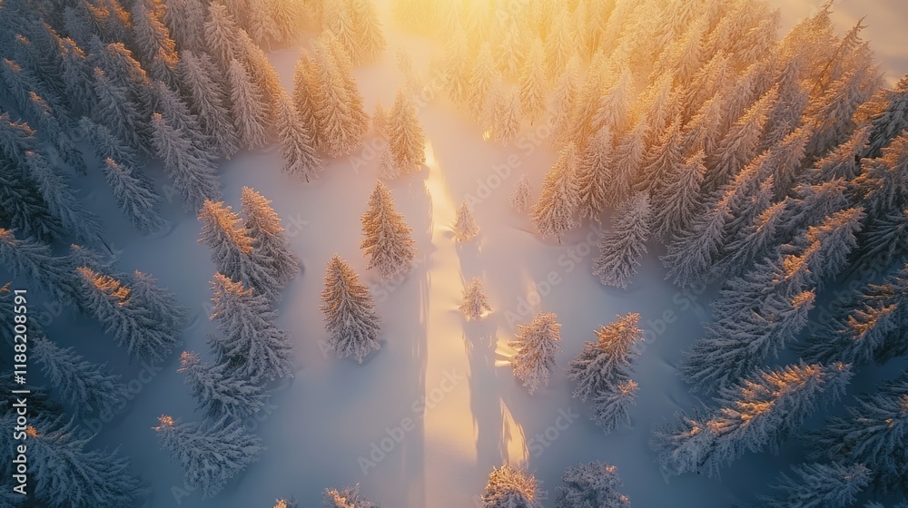 Fototapeta premium Snowy Pine Forest at Sunset: Winter Landscape Wallpaper with Scenic Sky and Fir Trees, Perfect for Christmas and New Year Greetings.