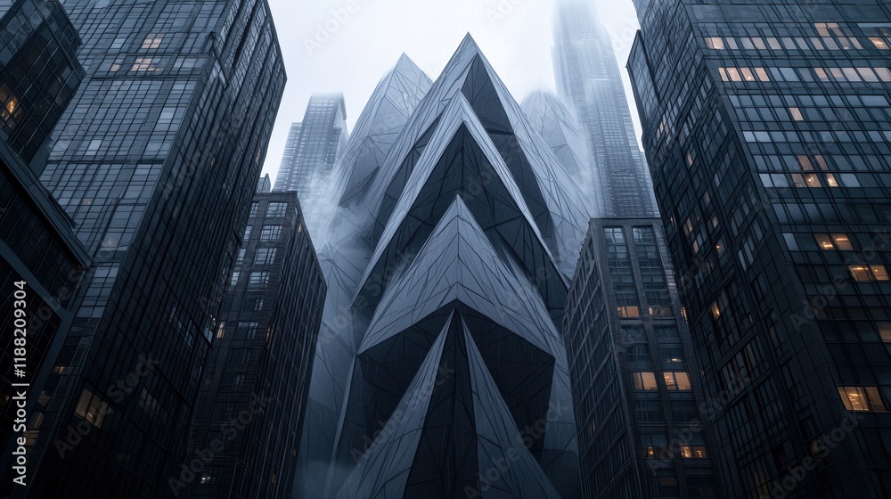 Modern Architecture with Geometric Shapes in a Misty Cityscape Modern Architecture with Geometric Shapes in a Misty Cityscape