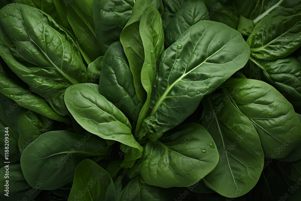 Fototapeta premium Fresh green spinach leaves arranged beautifully in a natural setting, perfect for healthy food concepts.