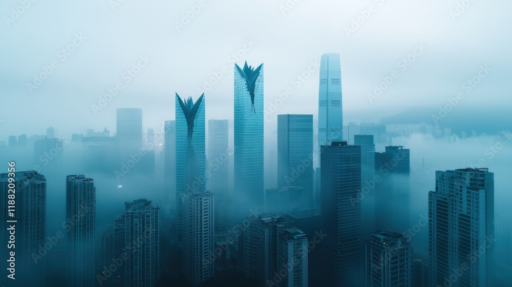 Urban Skyline in Fog with Tall Buildings and Cityscape Background Urban Skyline in Fog with Tall Buildings and Cityscape Background