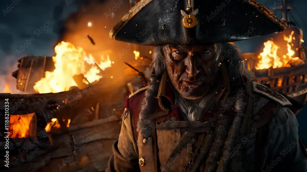 Pirate adventure at sea: a lone pirate stands on the deck of old ship, dressed in traditional 17th-century garb, ready for a thrilling journey under a bright sunset, surrounded by wind and saltwater.
