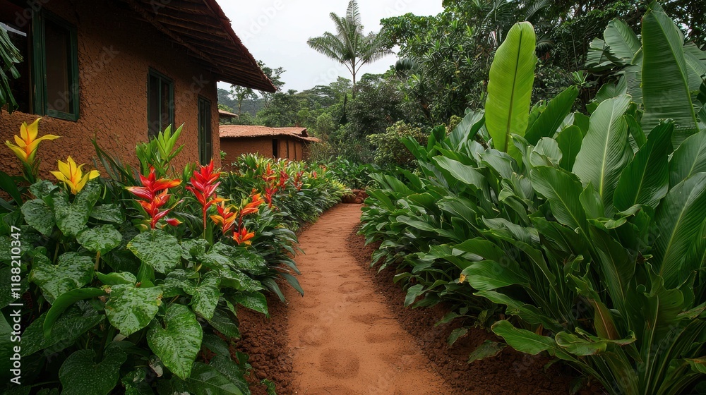 Fototapeta premium Lush Tropical Pathway Surrounded by Vibrant Greenery and Flowers