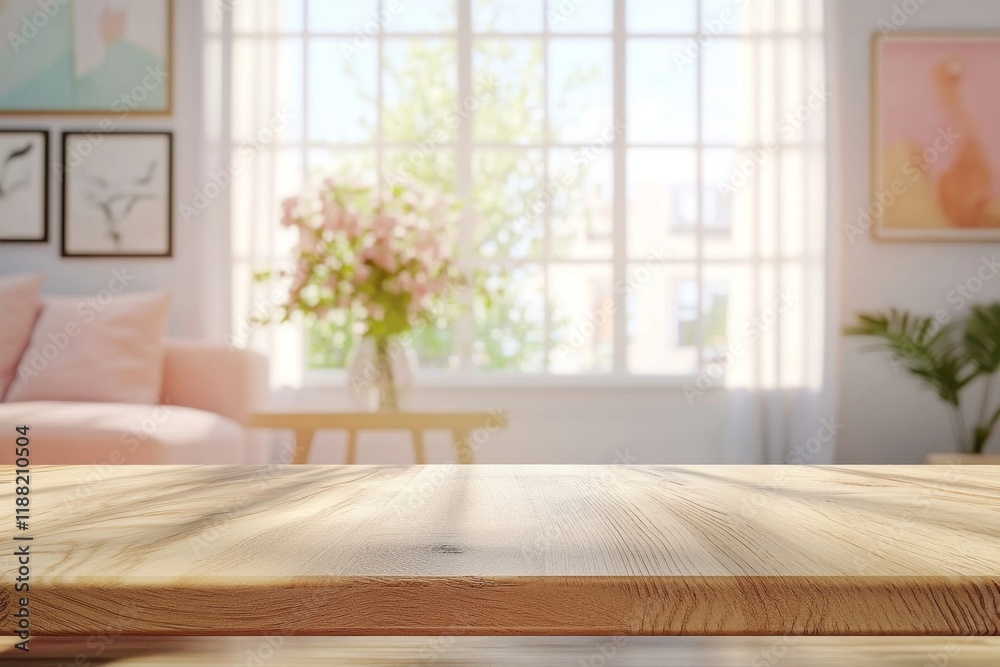 Fototapeta premium Sunlit living room with wooden table and soft sofa in modern apartment
