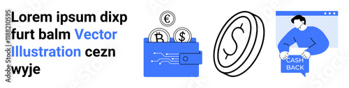 Featuring digital wallet with cryptocurrencies, currency symbols, and cashback icon. Ideal for fintech, online banking, mobile payments, e-commerce, financial apps, digital currency, and rewards
