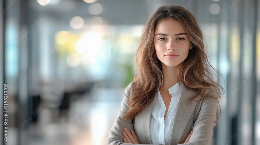 Portrait of a woman standing with her arms crossed against a blurred office background. Portrait of a woman standing with her arms crossed against a blurred office background.
