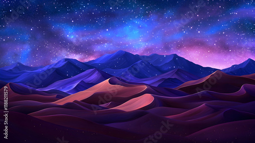 Starry Night Desert Landscape, Mountains, Dunes, Purple Hues, Night Sky, Digital Art, Background, Wallpaper